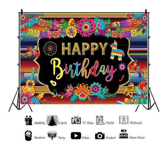Giant Fiesta Happy Birthday Backdrop Colorful Mexican Themed - Picture 2 of 9